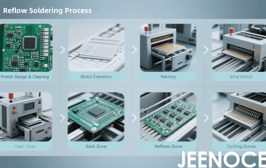 Flowchart of reflow soldering process illustrating PCB assembly steps: preheat, soak, reflow, and cooling zones in JEENOCE SMT manufacturing.png