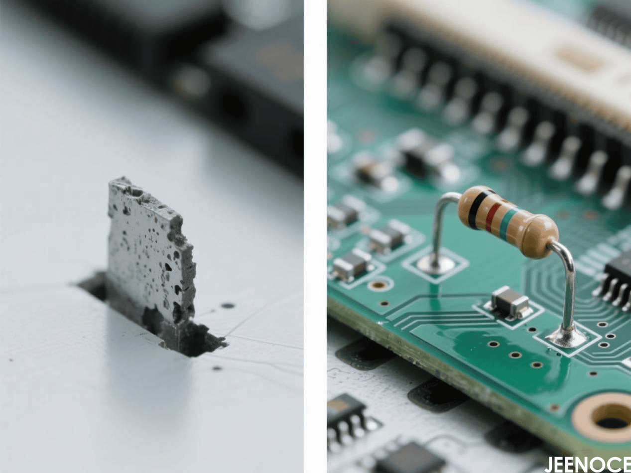 Comparison of a tombstoned resistor and a properly soldered resistor on a PCB, highlighting SMT soldering defect correction Comparison of a tombstoned resistor and a properly soldered resistor on a PCB, highlighting SMT soldering defect correction.png