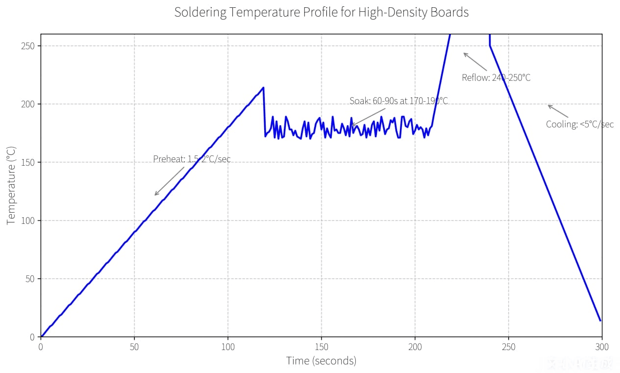 Line graph titled 'Soldering Temperature Profile for High-Density Boards' showing temperature (y-axis, °C) vs. time (x-axis, seconds). Key stages with specifications: Preheat (1.5-2°C/sec), Soak (60-90s at 170-190°C, not labeled on graph but referenced in text), Reflow (peak 240-250°C), Cooling (<5°C/sec). This text aids screen readers and conveys the image content when viewing is unavailable Line graph titled 'Soldering Temperature Profile for High-Density Boards' showing temperature (y-axis, °C) vs. time (x-axis, seconds). Key stages with specifications: Preheat (1.5-2°C/sec), Soak (60-90s at 170-190°C, not labeled on graph but referenced in text), Reflow (peak 240-250°C), Cooling (<5°C/sec). This text aids screen readers and conveys the image content when viewing is unavailable.png