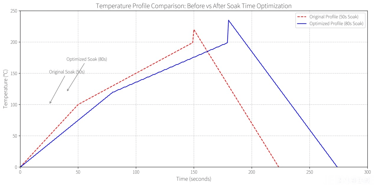 Graph titled 'Soldering Temperature Profile for Fine-Pitch Components (0.3mm BGA)' shows temperature over 350 seconds. Stages: Preheat (1 - 2°C/sec rise), Soak (90 - 120s at 160 - 180°C), Reflow (peak 235 - 245°C), Cooling (<3°C/sec drop). A blue line plots the temperature profile, with annotations for each stage Graph titled 'Soldering Temperature Profile for Fine-Pitch Components (0.3mm BGA)' shows temperature over 350 seconds. Stages: Preheat (1 - 2°C/sec rise), Soak (90 - 120s at 160 - 180°C), Reflow (peak 235 - 245°C), Cooling (<3°C/sec drop). A blue line plots the temperature profile, with annotations for each stage.png