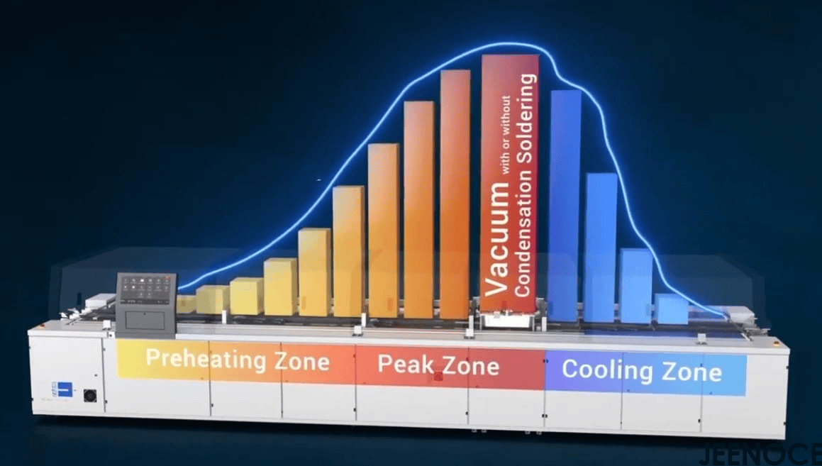 Inside view of a reflow oven processing a PCB, showcasing temperature zones for lead-free soldering Inside view of a reflow oven processing a PCB, showcasing temperature zones for lead-free soldering.png