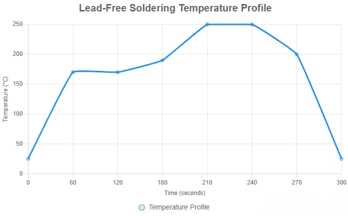 Line chart illustrating a lead-free soldering temperature profile, showing preheat, soak, reflow, and cooling stages Line chart illustrating a lead-free soldering temperature profile, showing preheat, soak, reflow, and cooling stages.png