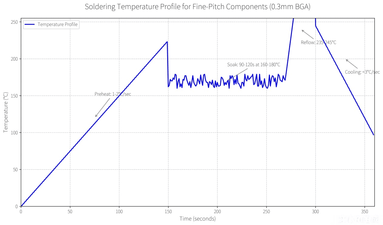 Line graph titled 'Soldering Temperature Profile for High-Density Boards' showing temperature (y-axis, °C) vs. time (x-axis, seconds). Key stages with specifications: Preheat (1.5-2°C/sec), Soak (60-90s at 170-190°C, not labeled on graph but referenced in text), Reflow (peak 240-250°C), Cooling (<5°C/sec). This text aids screen readers and conveys the image content when viewing is unavailable Line graph titled 'Soldering Temperature Profile for High-Density Boards' showing temperature (y-axis, °C) vs. time (x-axis, seconds). Key stages with specifications: Preheat (1.5-2°C/sec), Soak (60-90s at 170-190°C, not labeled on graph but referenced in text), Reflow (peak 240-250°C), Cooling (<5°C/sec). This text aids screen readers and conveys the image content when viewing is unavailable.png