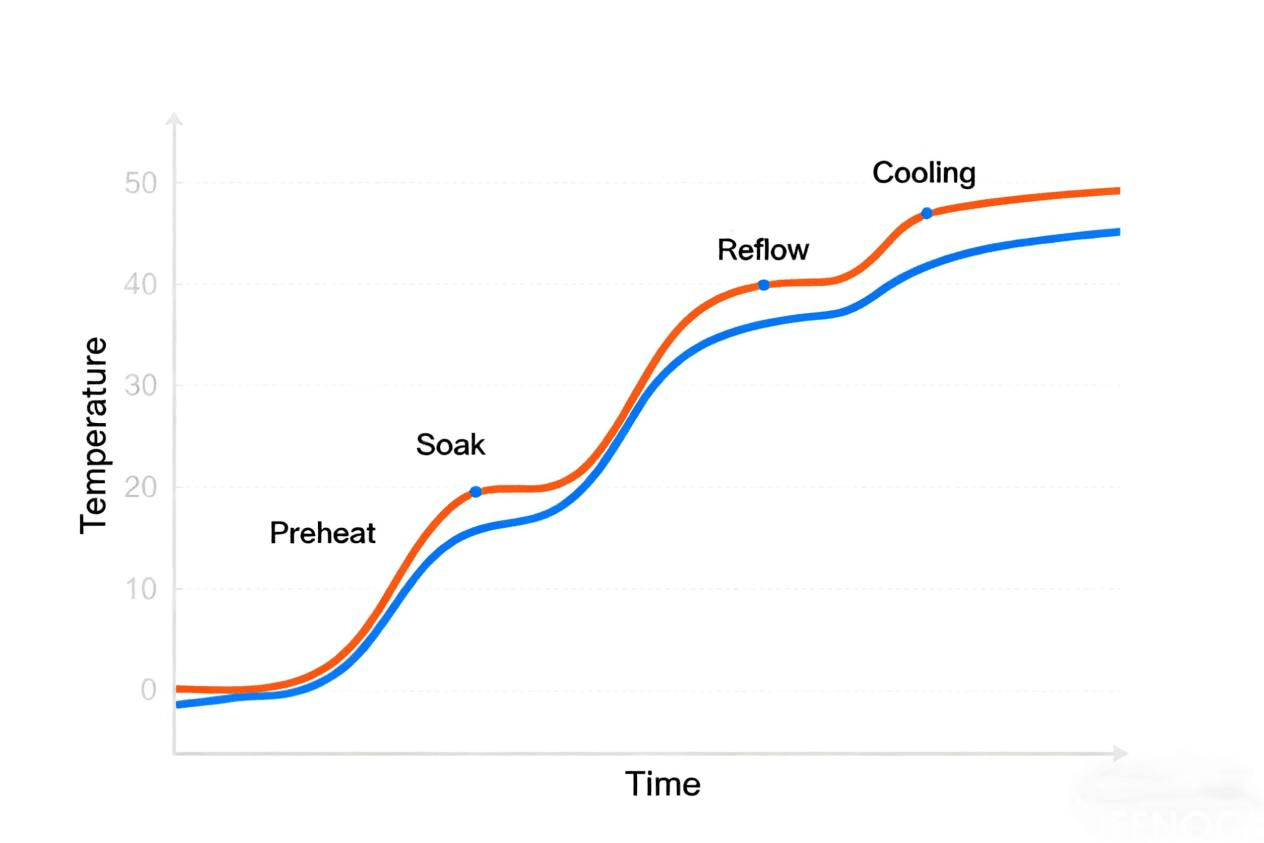 A line graph depicting temperature changes over time during a process, with stages labeled Preheat, Soak, Reflow, and Cooling, and two colored lines (orange and blue) showing different temperature profiles.png