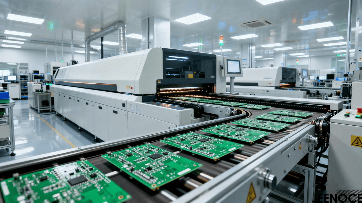 Interior of an electronics manufacturing factory with automated production lines transporting green circuit boards.png
