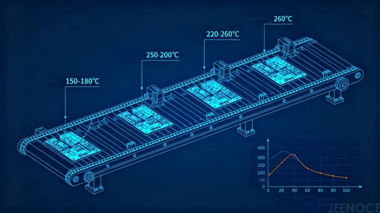 Simple diagram showing the four zones (preheat, soak, reflow, cooling) of a convection reflow soldering system, with a conveyor belt moving a PCB through each Simple diagram showing the four zones (preheat, soak, reflow, cooling) of a convection reflow soldering system, with a conveyor belt moving a PCB through each.jpg