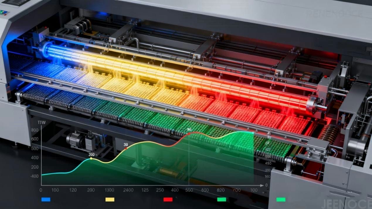 Cross-section of a JEENOCE reflow oven showing conveyor flow through zones, or a temperature curve animation with phases lighting up sequentially Cross-section of a JEENOCE reflow oven showing conveyor flow through zones, or a temperature curve animation with phases lighting up sequentially.jpg