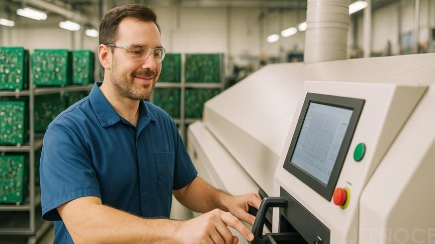 Technician using reflow machine for automotive PCB assembly Technician using reflow machine for automotive PCB assembly.jpg