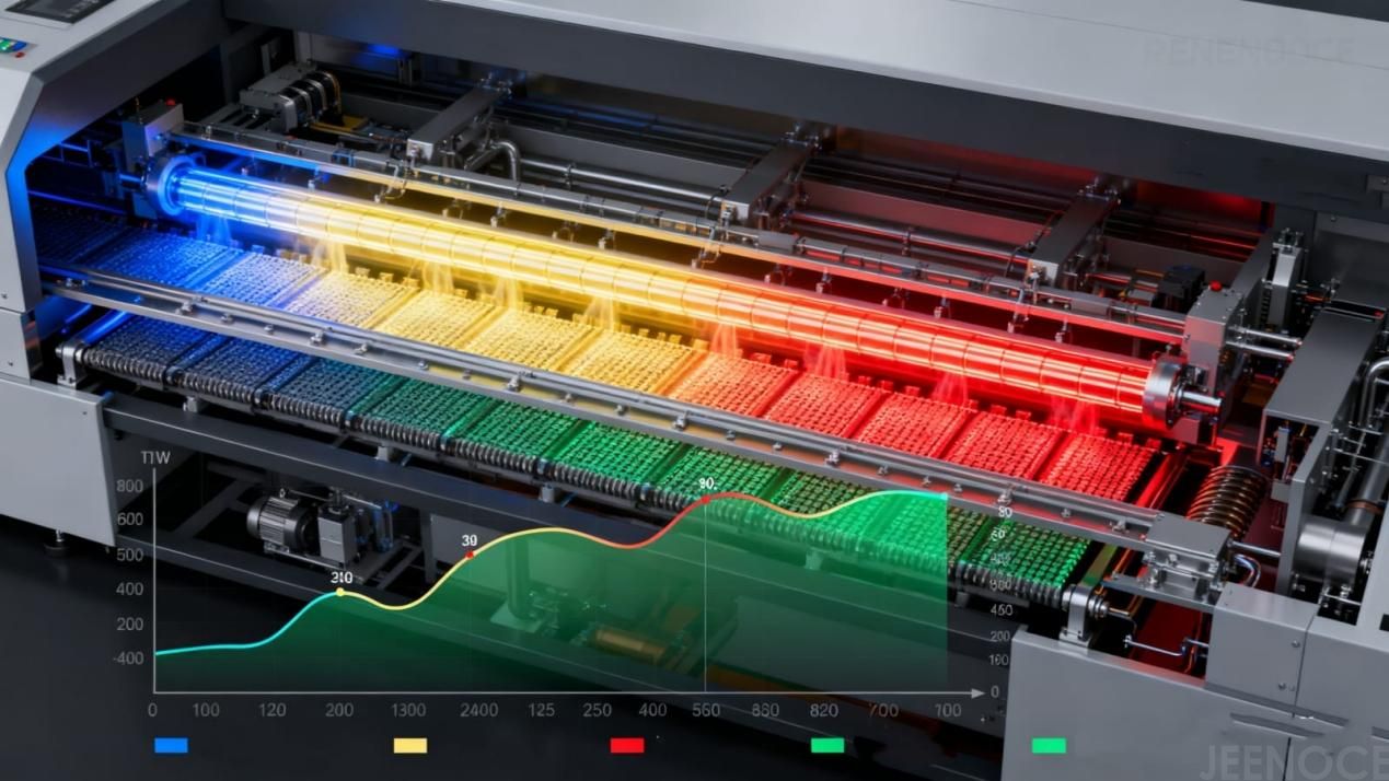 Cross-section of a JEENOCE reflow oven showing conveyor flow through zones, or a temperature curve animation with phases lighting up sequentially.jpg